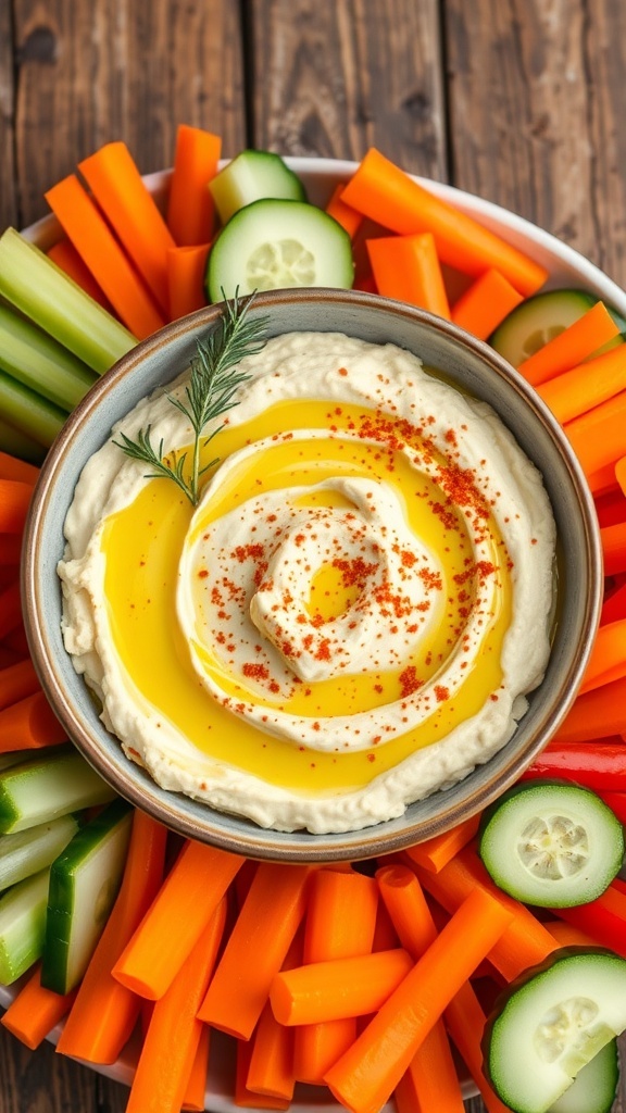 A bowl of creamy cauliflower hummus garnished with olive oil and paprika, served with fresh vegetables on a wooden table.